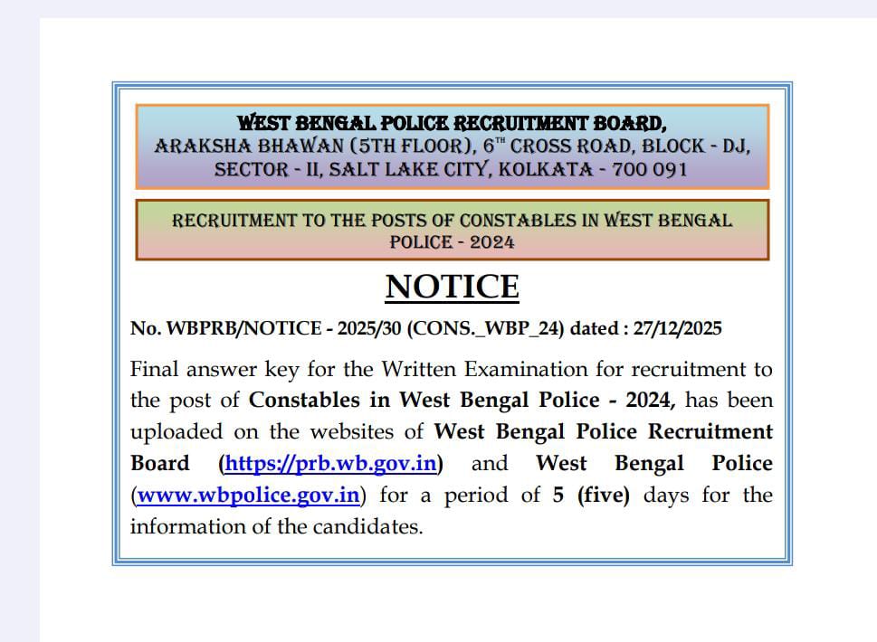 WBP Constable final answer key notice 2025