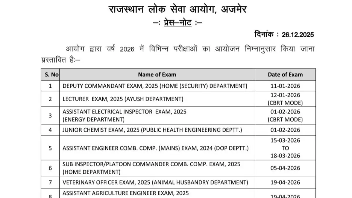 RPSC Calendar 2026 out