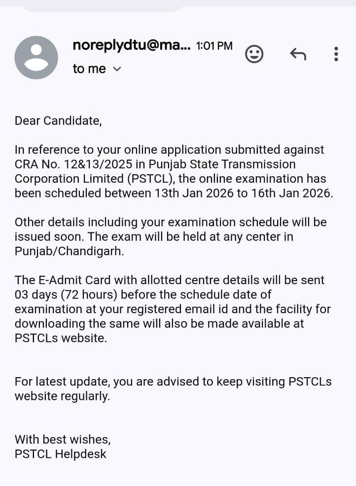 PSTCL exam date email 2026