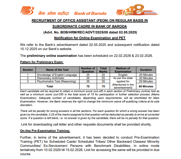 Bank of Baroda Peon Exam Date 2026 Out