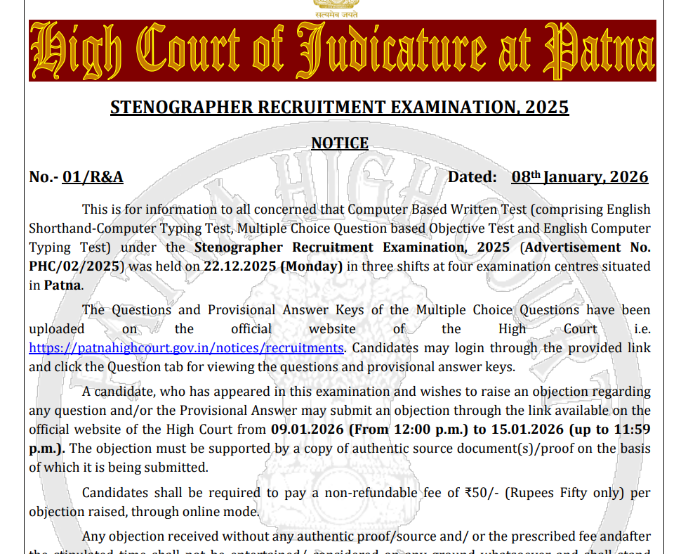 Patna High Court Stenographer Answer Key 2025-26 Out, Download Response Sheet_3.1