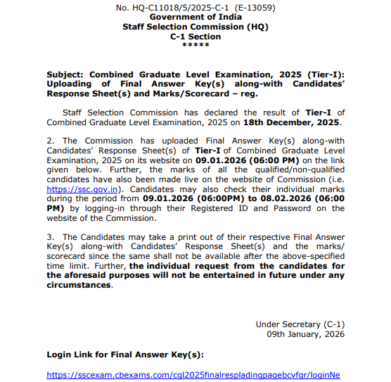 SSC CGL Tier 1 Score Card 2025 Out