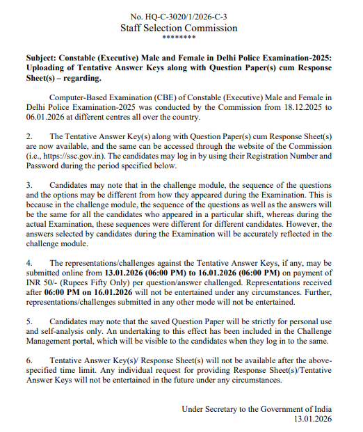 SSC Delhi Police Constable Answer Key 2026 Out, Last Date to Download Response Sheet and Raise Objection_3.1