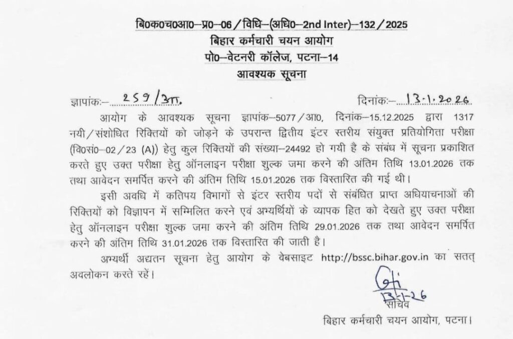 BSSC Inter Level Vacancy 2025-26 Out For 24492, Application Date Extended_3.1