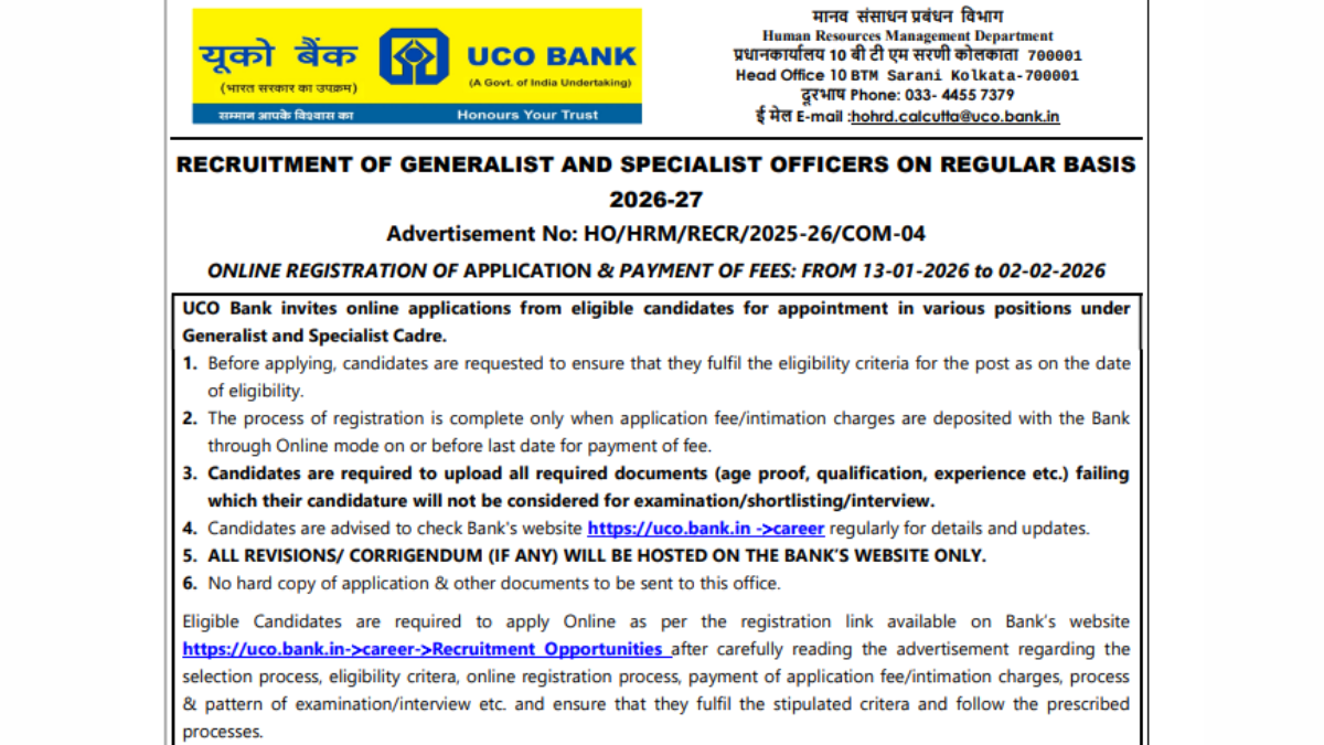 UCO Bank Generalist and Specialist Officers Recruitment 2026