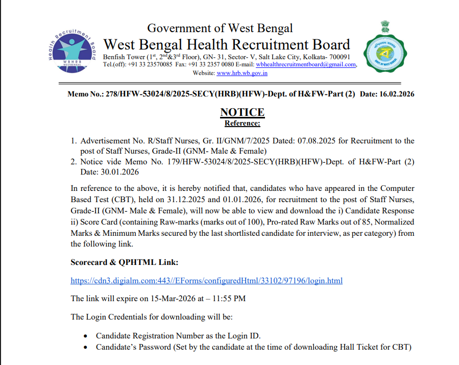 WBHRB Staff Nurse Score Card 2025-26 Out, Check Marks and Result PDFs_3.1