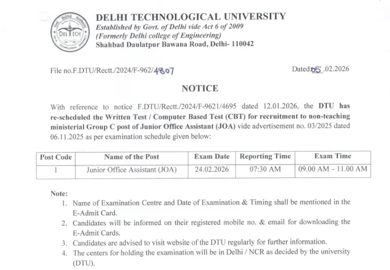 DTU Delhi Non Teaching Exam Date