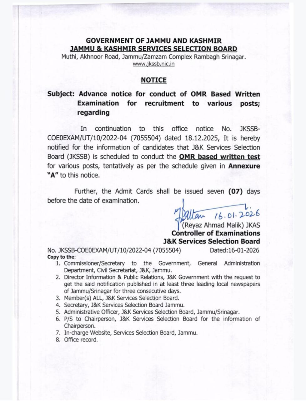JKSSB Junior Assistant exam date notice 2026