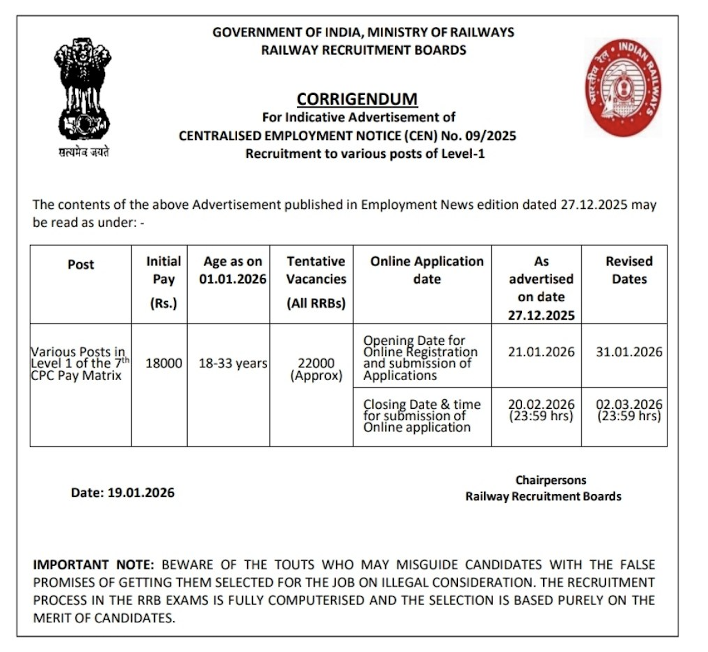 RRB Group D Notification and Application Dates 2026 Revised