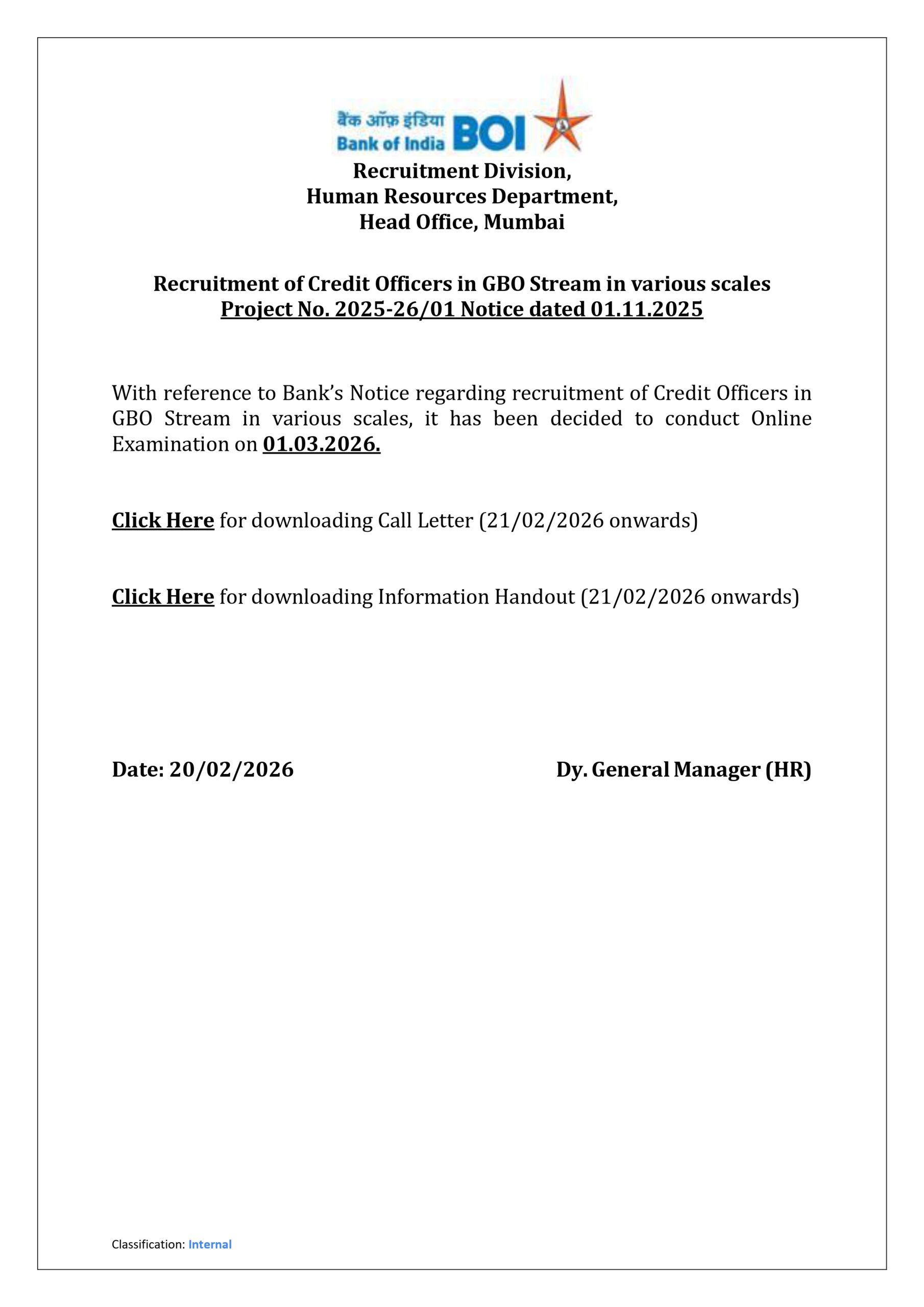 Bank of India Credit Officer Exam Date 2026