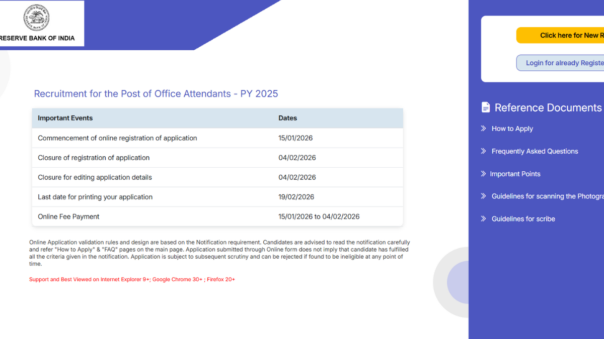 RBI Office Attendant Apply Online 2026