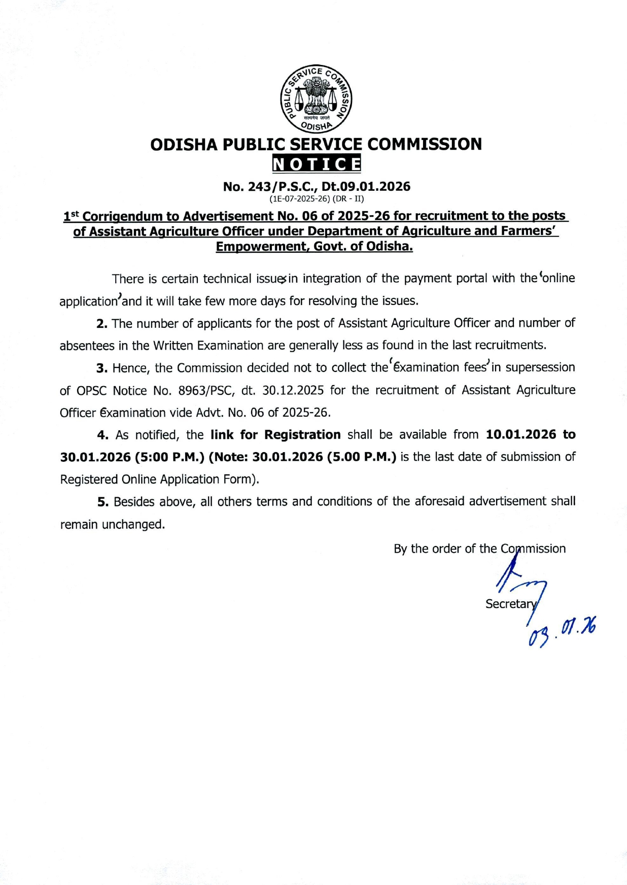 OPSC Assistant Agriculture Officer Recruitment 2026 - Apply Online Extended