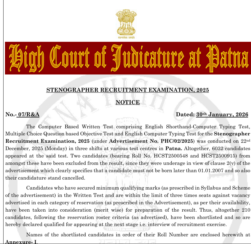 Patna High Court Stenographer Result 2026 Out, Download PDF_3.1