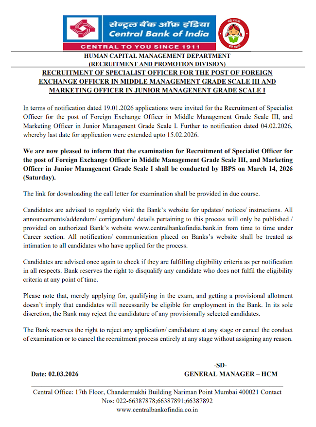 Central Bank of India Exam Date 2026