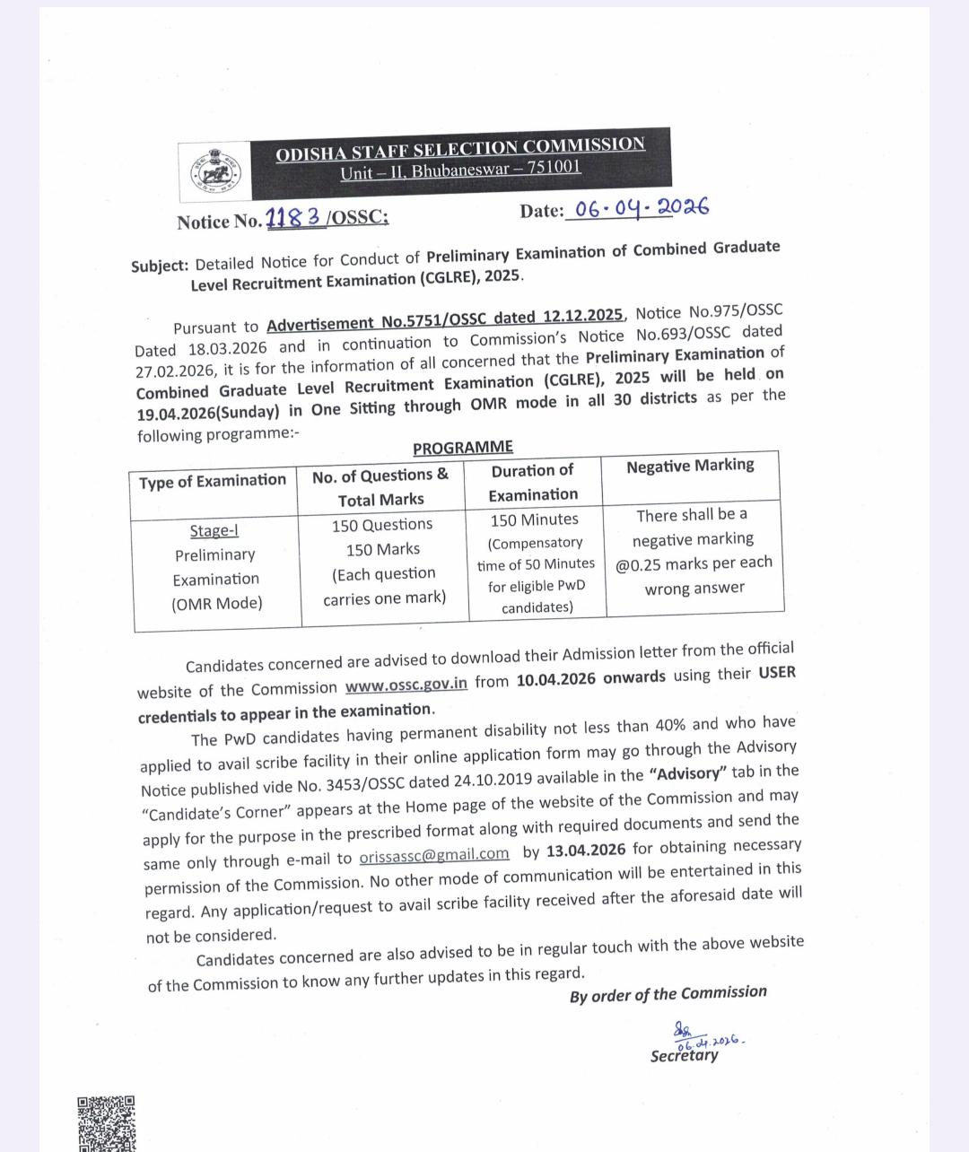 ossc cgl prelims notice 2026