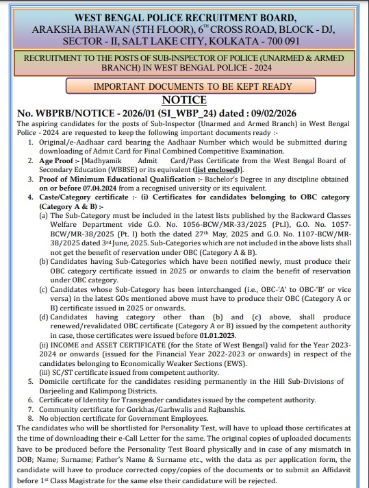 WBP SI Final Written exam notice 2026