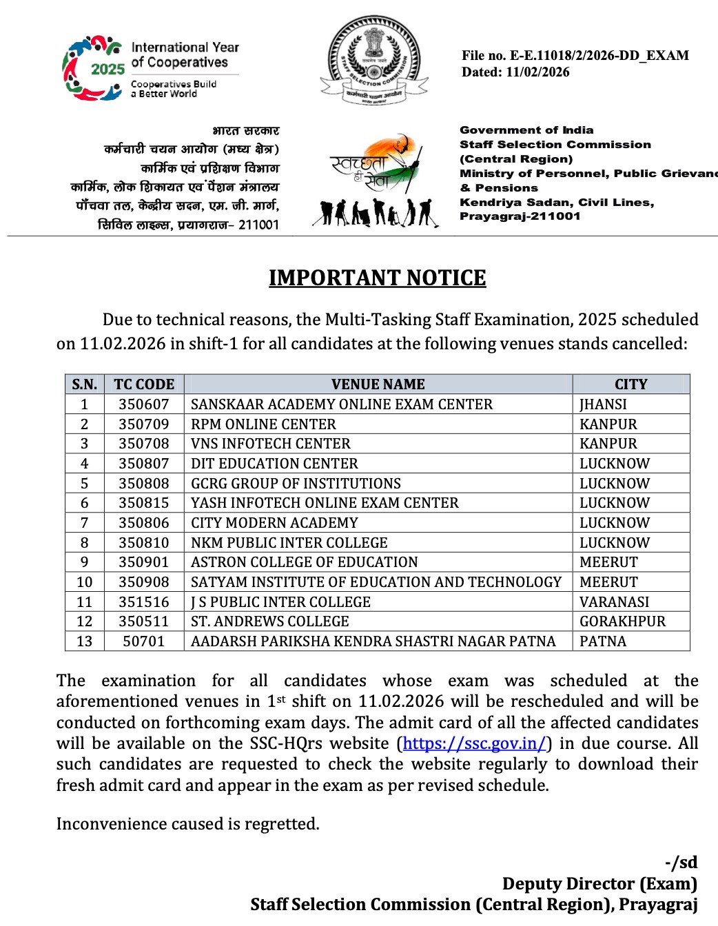 SSC MTS Cancelled Centres