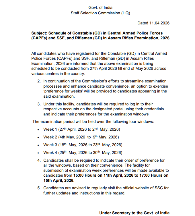 SSC GD Slot Booking 2026 Started, Select Preferred Exam Week and New Exam Date