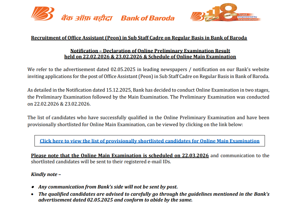 BOB Office Assistant Peon Mains Exam Date 2026 Out, Check Exam Schedule_3.1