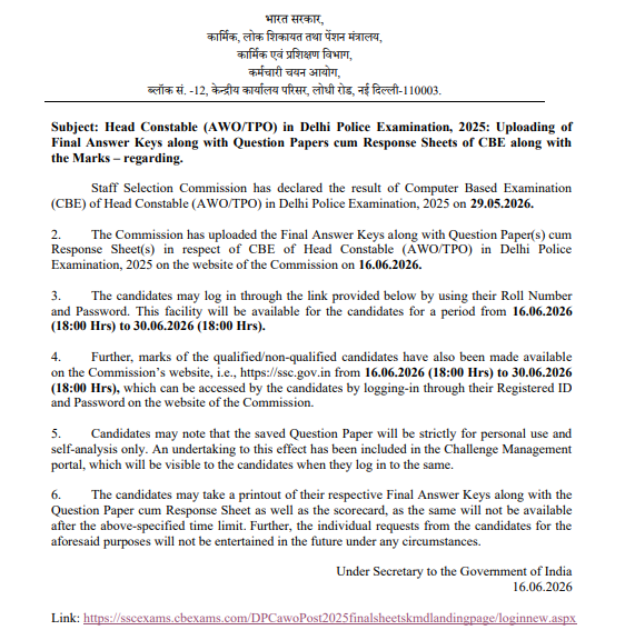 Delhi Police Head Constable (AWO/ TPO) Answer Key 2026 Out