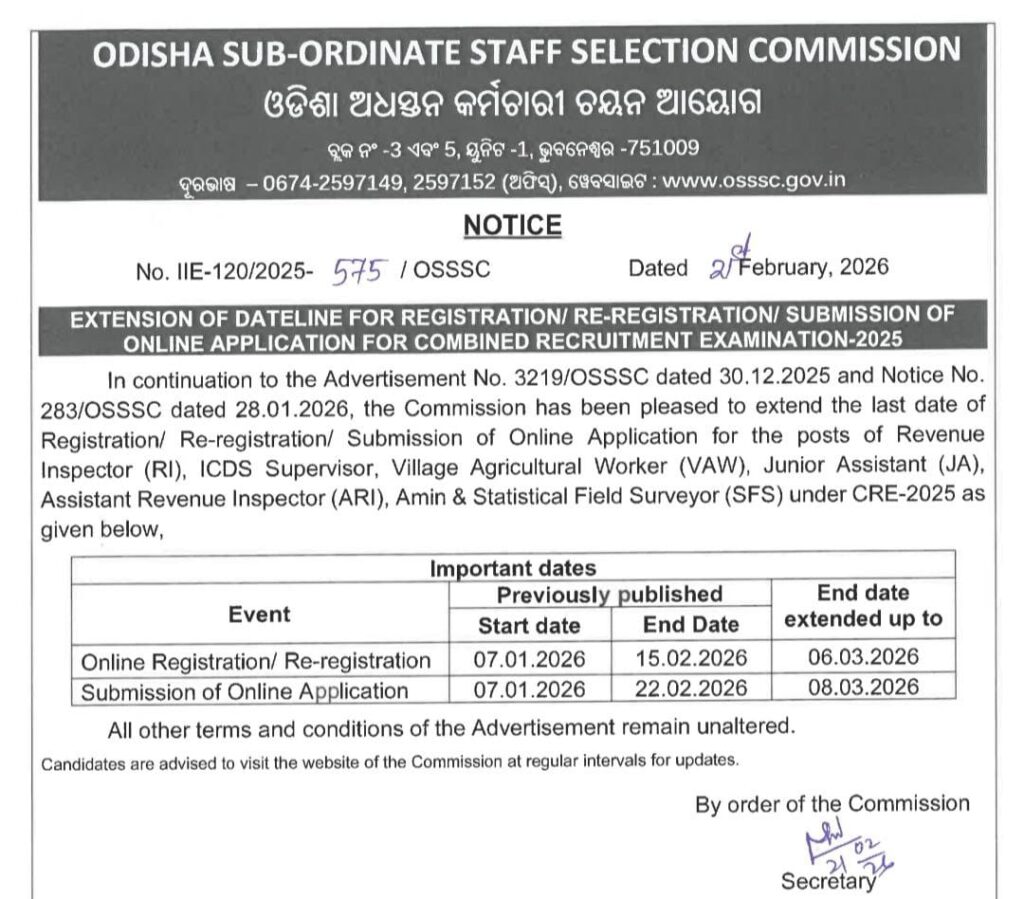 OSSSC Recruitment 2026 date extended
