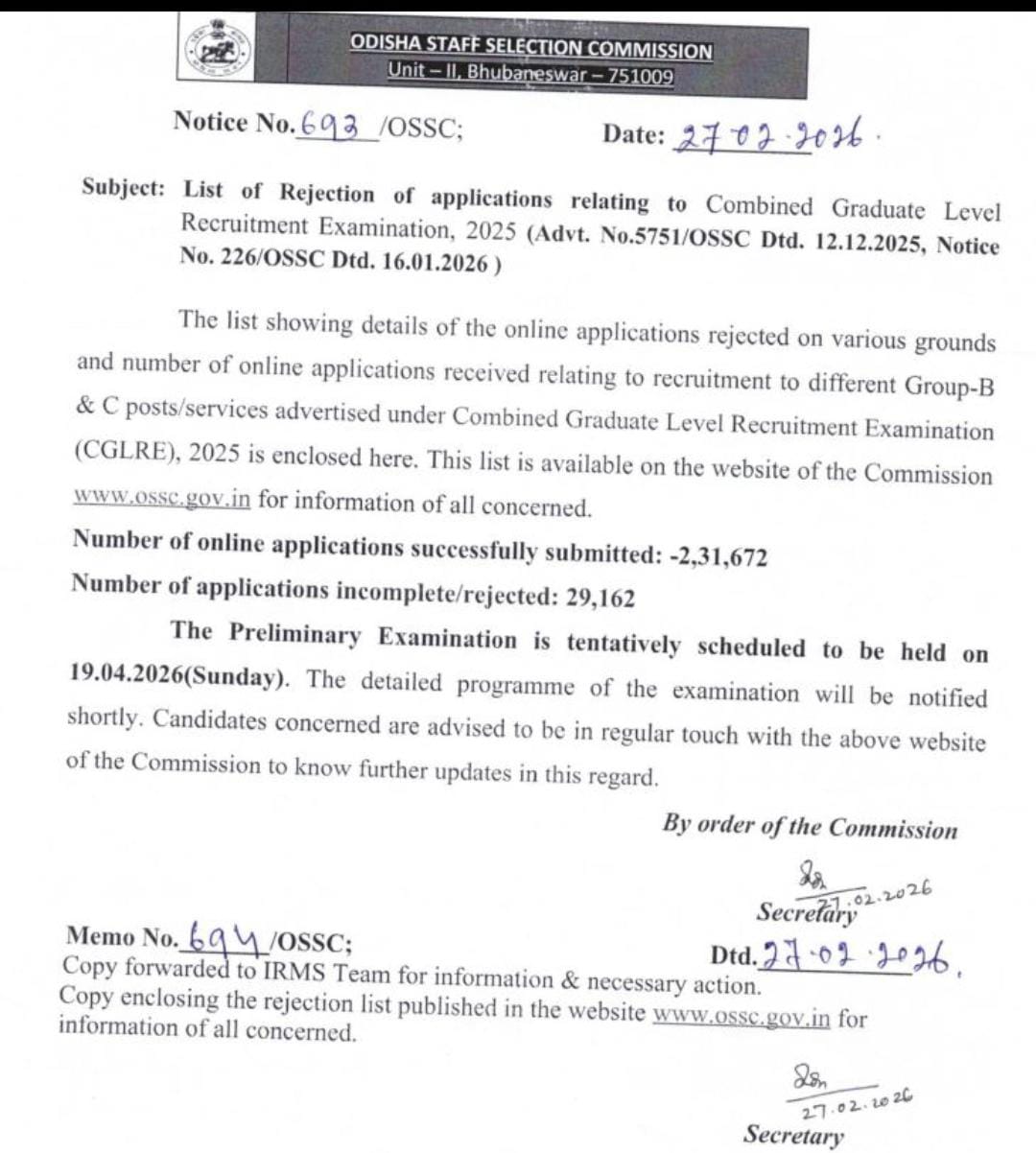 OSSSC CGL exam date 2026 notice
