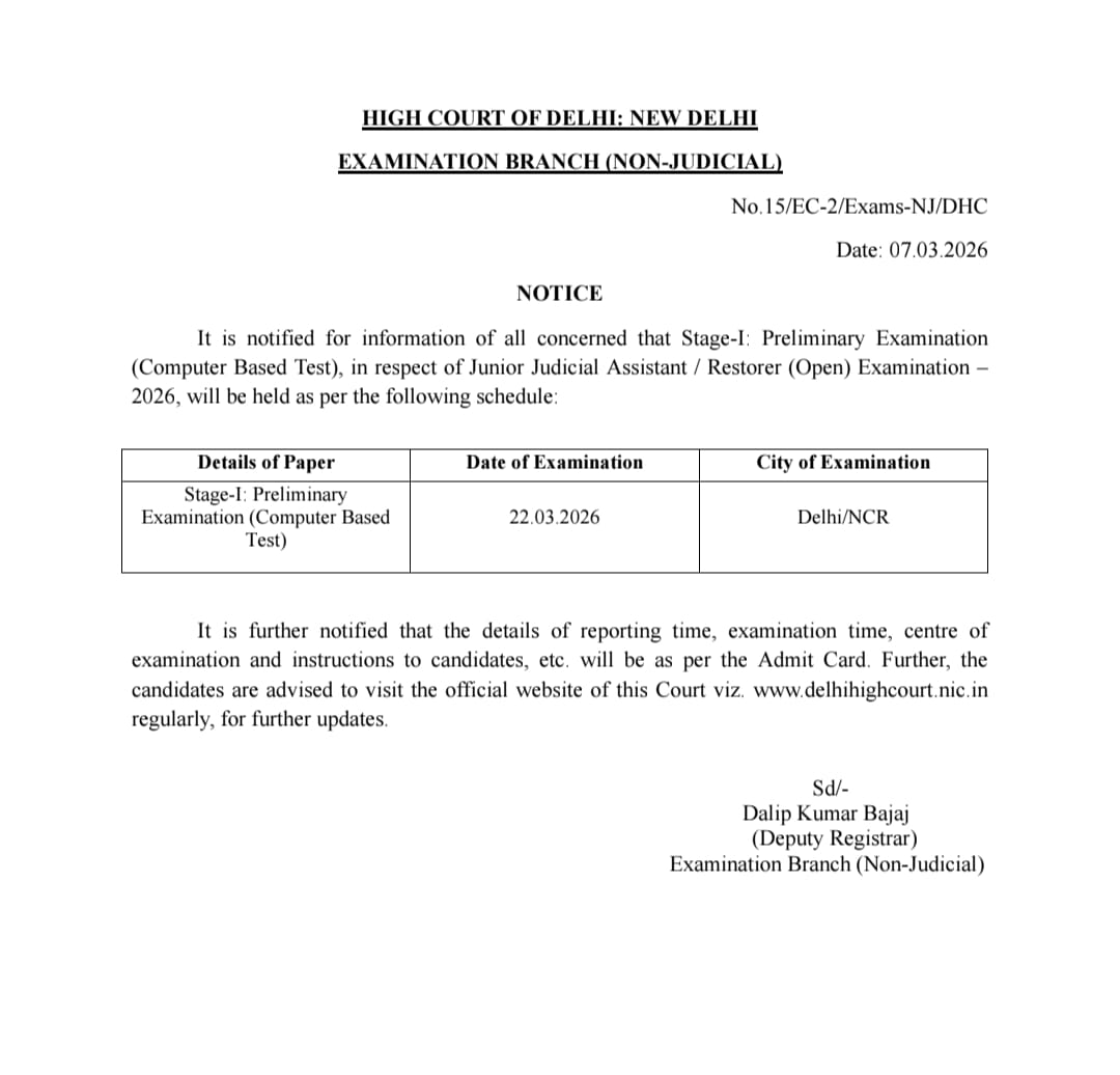 Delhi High Court JJA Exam Date 2026 Out