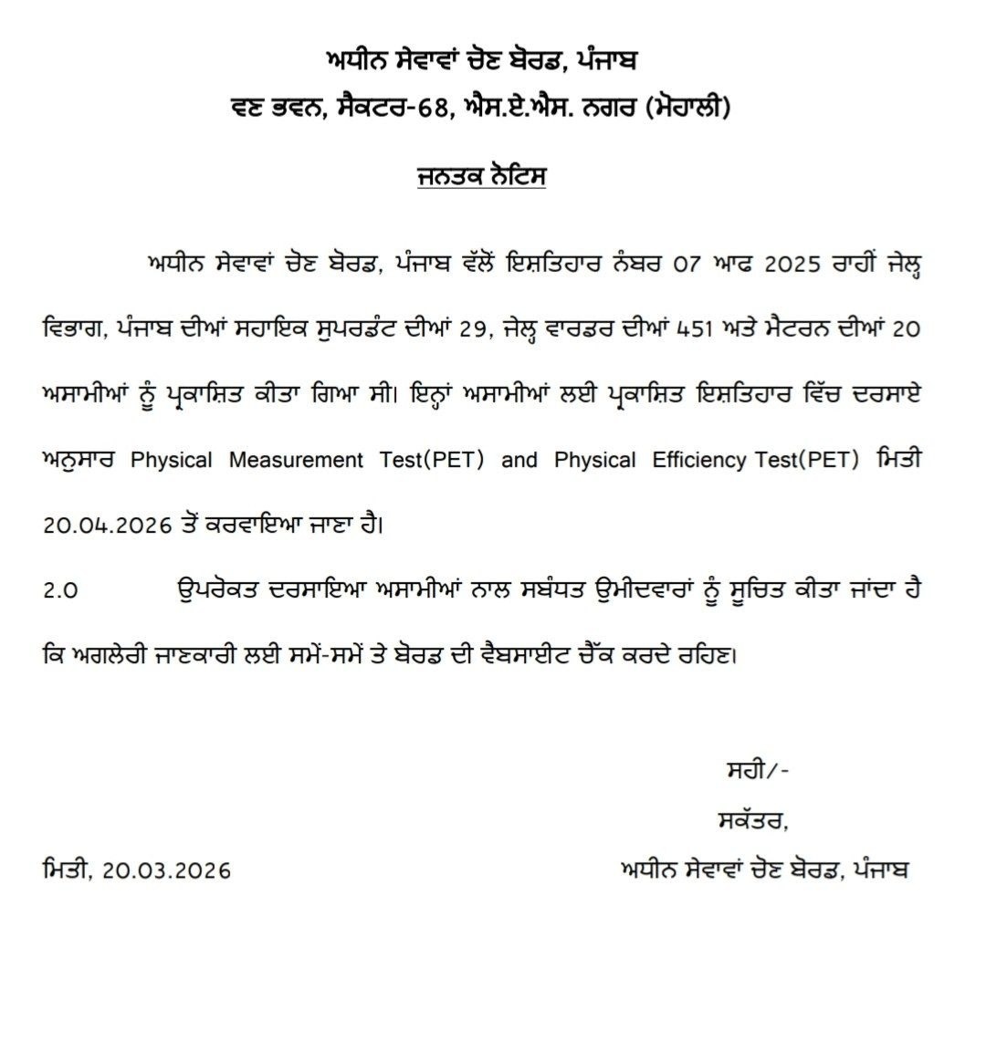 PSSSB Jail Warder PET Dates 2026