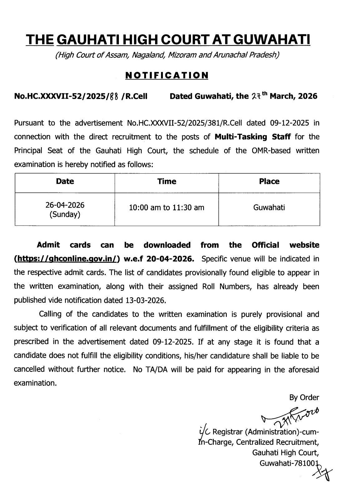 Gauhati High Court MTS exam date 2026