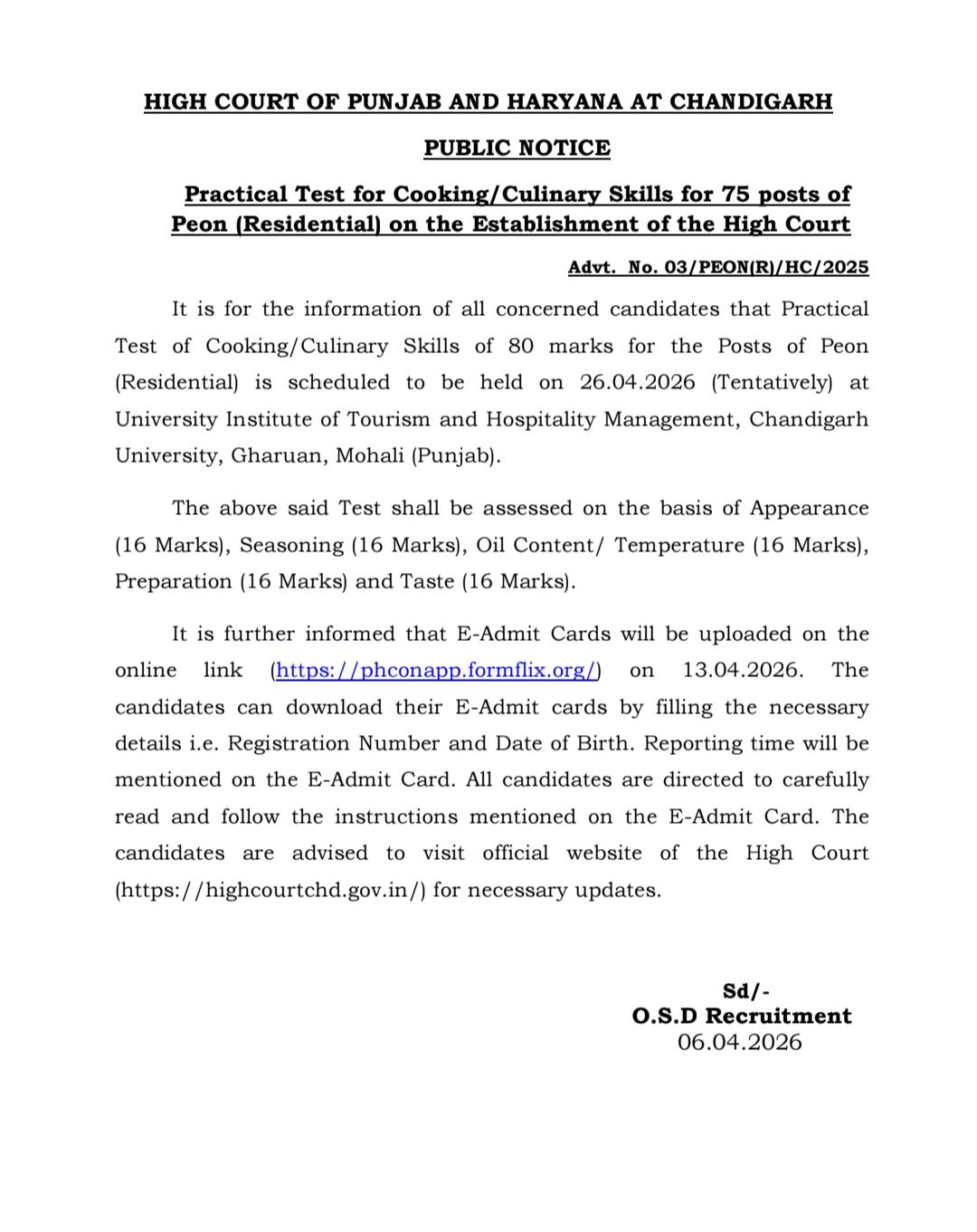 Punjab and High Court Peon Residential skills test 2026