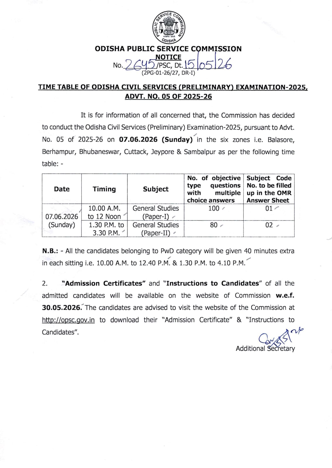 OPSC OCS exam notice 2026