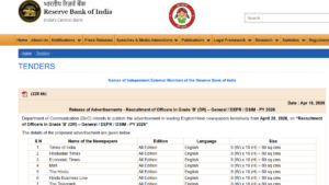 RBI Grade B 2026 Tender Out, Notification Releasing on 28 April