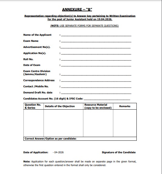 JKSSB Junior Assistant Answer Key 2026