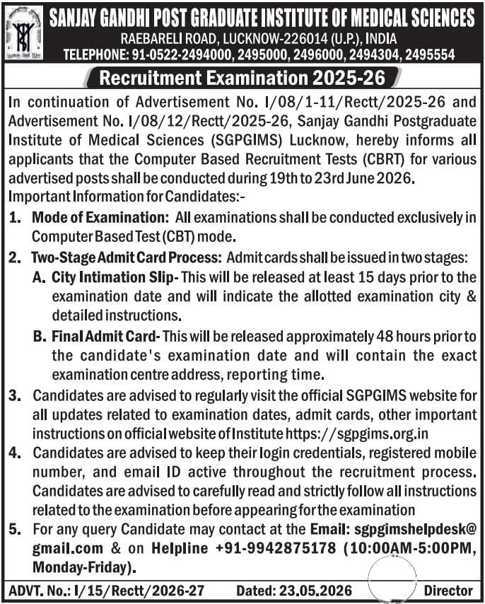 SGPGI Nursing Officer Exam Date