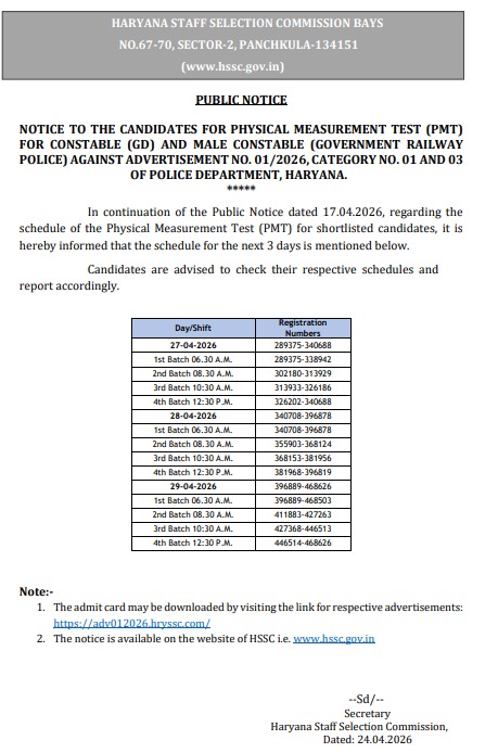 Haryana Police Constable PMT Admit Card