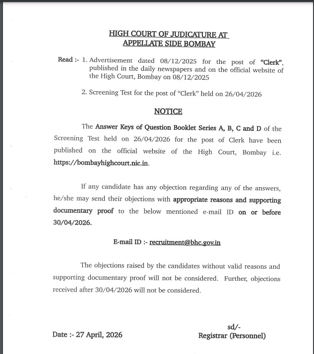 Bombay High Court Answer Key 2026 Out at bombayhighcourt.nic.in, Download Clerk & Driver Key PDF_4.1