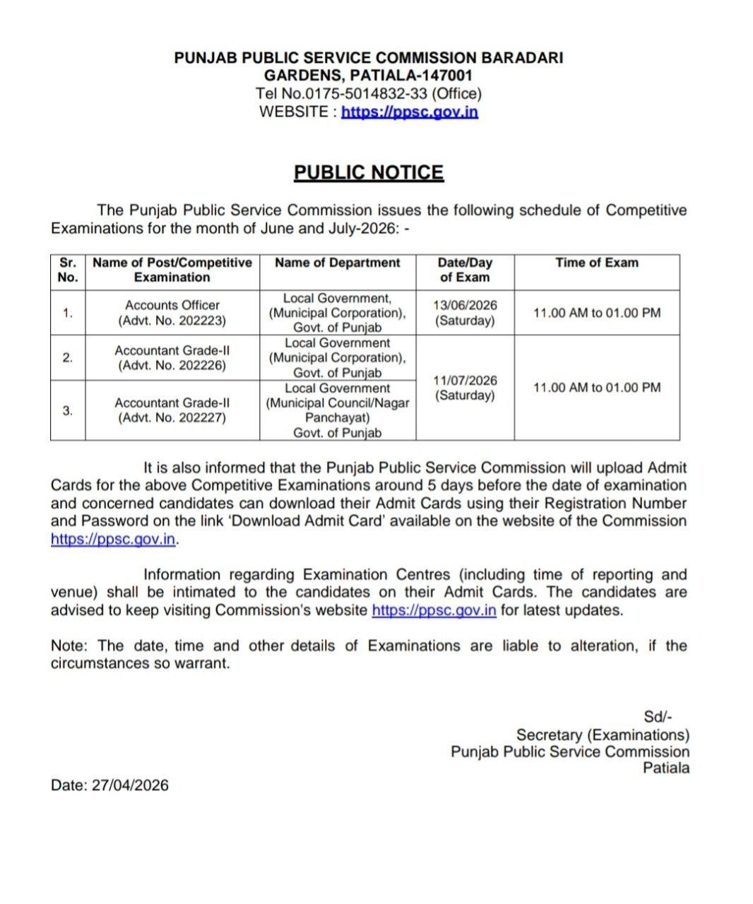 PPSC Accounts Officer Exam Date 2026 Out, Check Accountant & Other Posts Exam Schedule_4.1