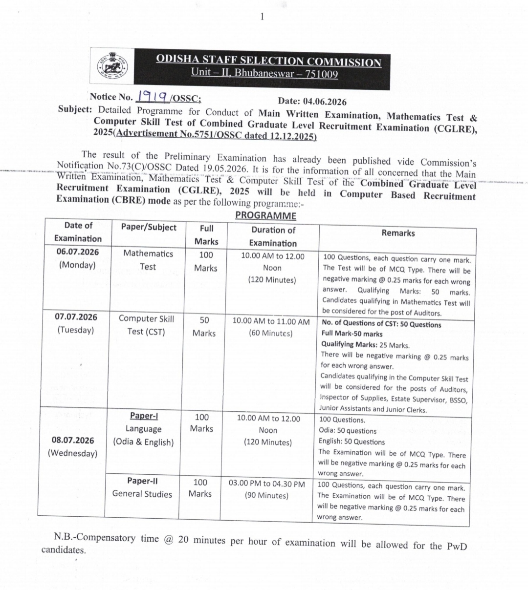 OSSC CGL Mains Exam Date 2026 Out at ossc.gov.in, Check Mains Exam Schedule_2.1
