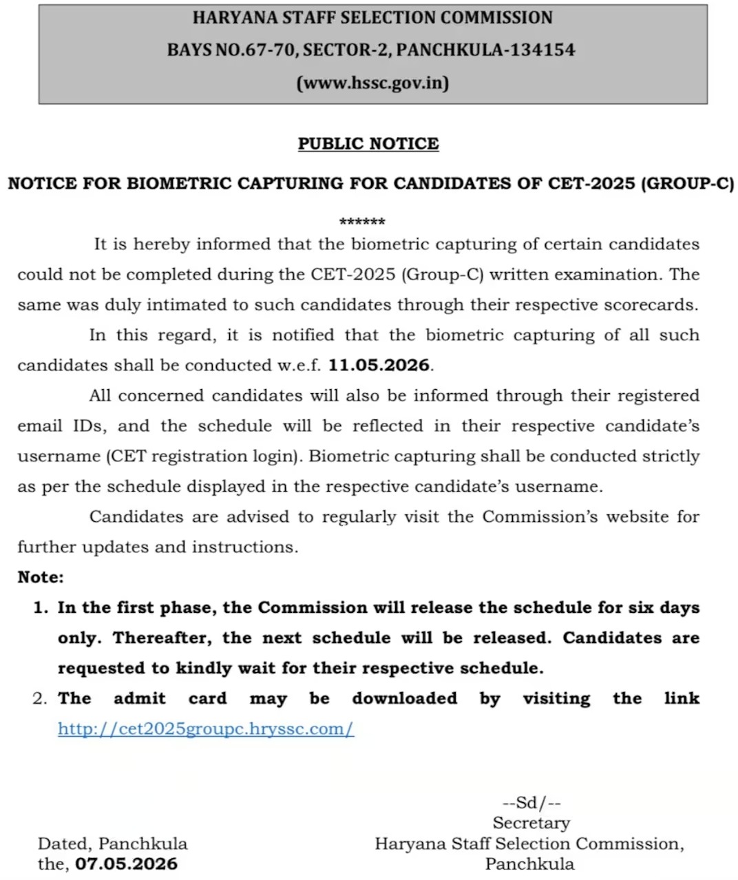 HSSC CET Group C Biometric Verification 2026, Check Schedule & Download Admit Card PDF_3.1