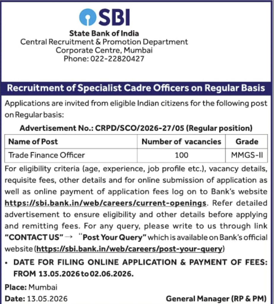 SBI Trade Finance Officer Recruitment 2026