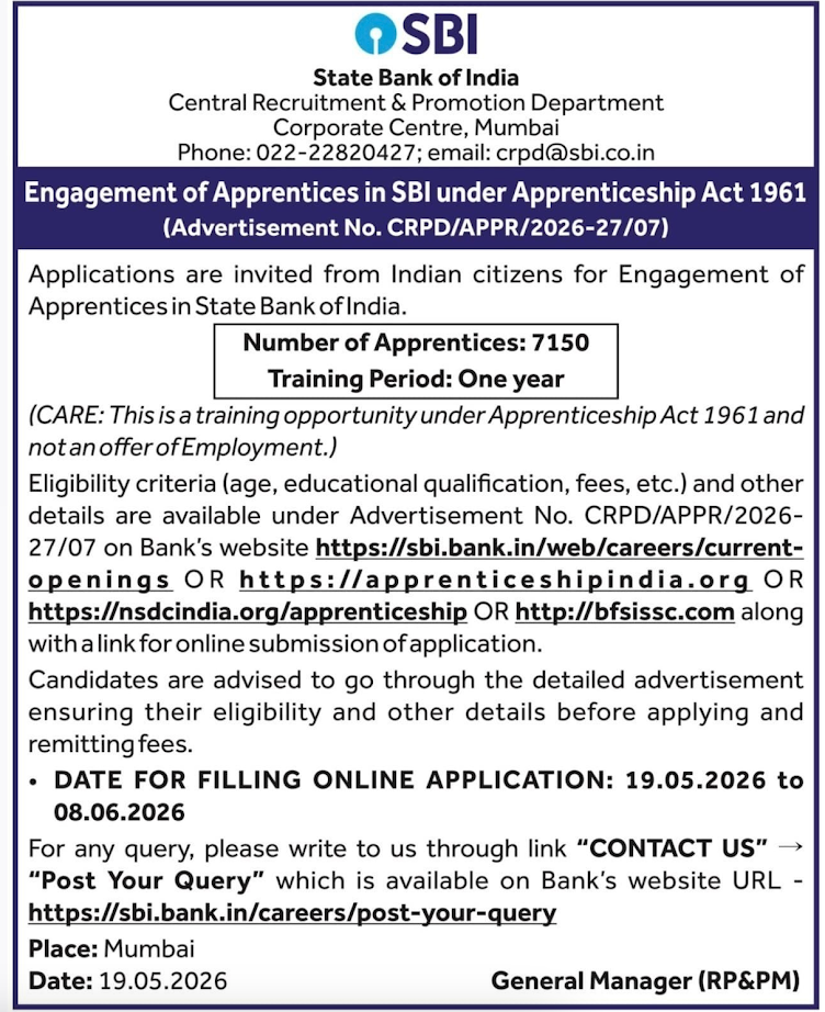SBI Apprentice Recruitment 2026 Notification Out (7150 Posts), Apply Online Link_2.1