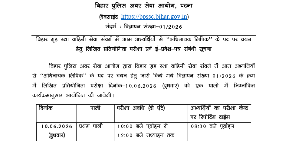 BPSC Police Havildar Clerk Exam Date