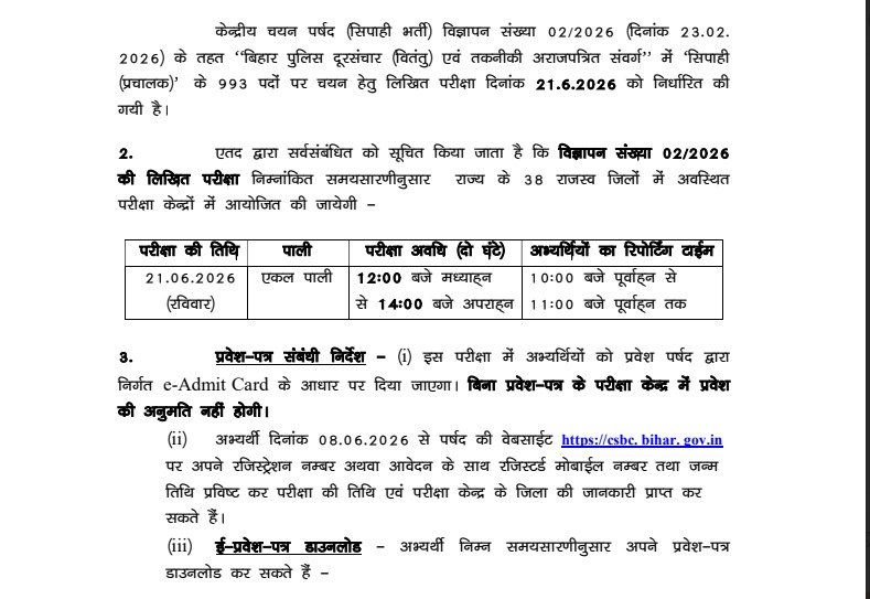 Bihar Police Constable Operator Exam Date
