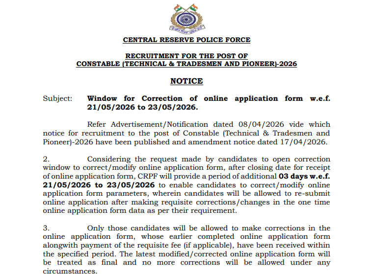 CRPF Recruitment 2026 Out For 9175 Tradesman Posts, Application Correction Window Open_2.1