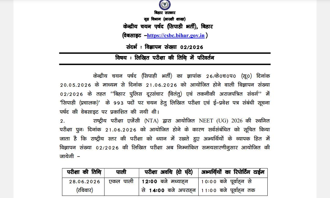 Bihar Constable Operator Exam Date notice 2026