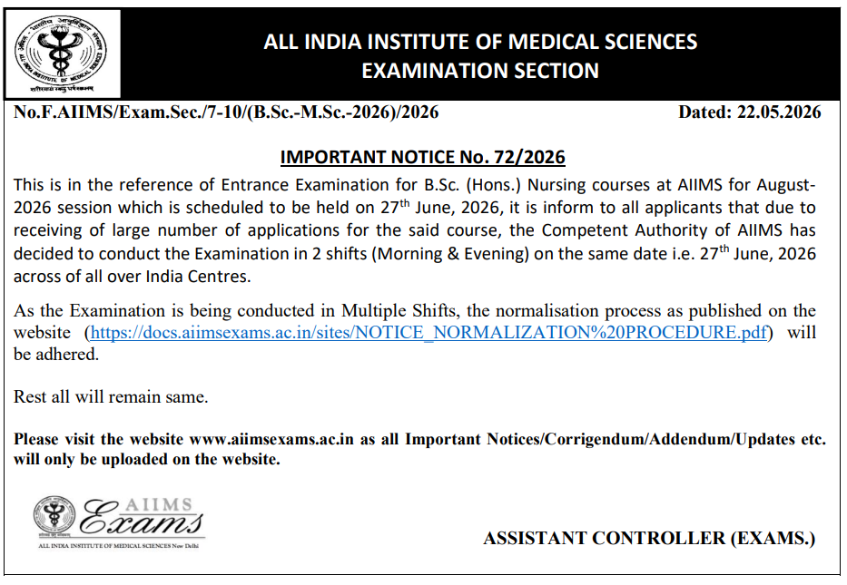 AIIMS BSc Nursing Hons Exam Shifts Update
