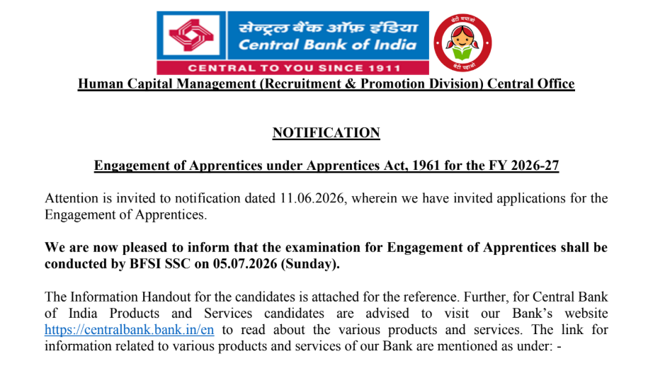Central Bank of India Apprentice Exam Date 2026 Out, Check Exam Schedule_2.1