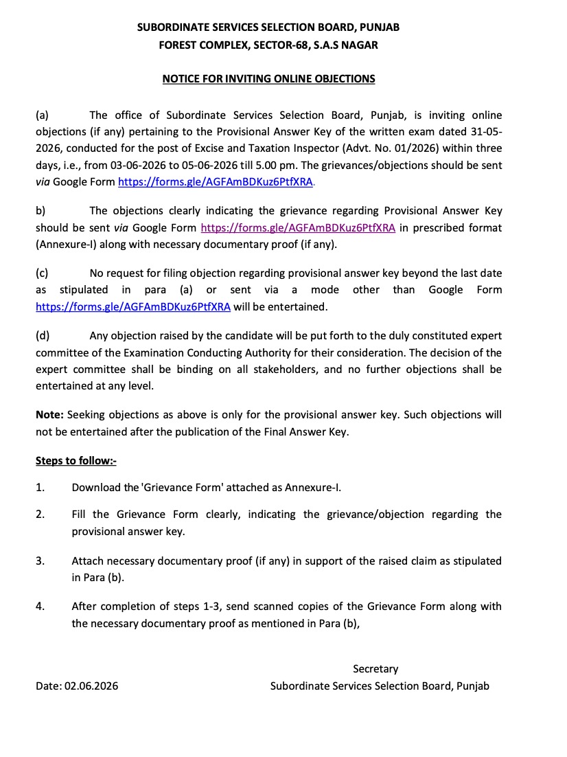 PSSSB Excise Inspector Answer Key 2026 Out, Raise Objection Via Google Form Till 5th June_2.1