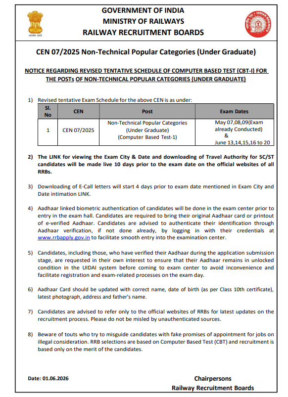 RRB NTPC Undergraduate Exam Date 2026 Out, Check Revised Schedule and Shifts_2.1