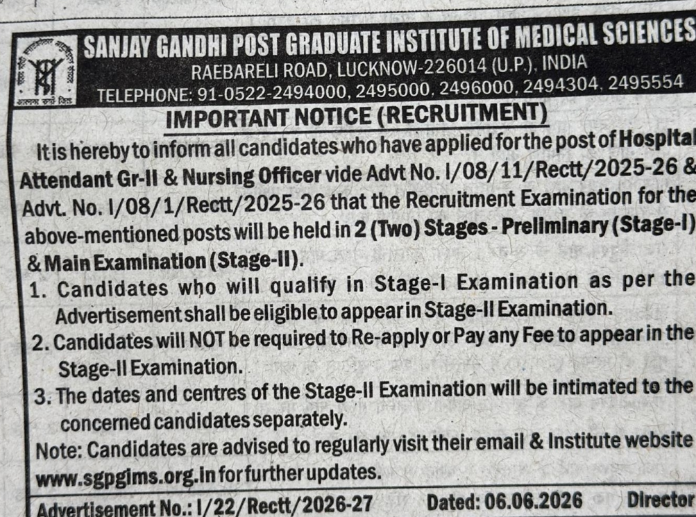 SGPGI Nursing Officer Notice